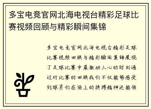 多宝电竞官网北海电视台精彩足球比赛视频回顾与精彩瞬间集锦