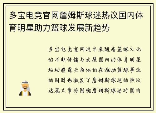 多宝电竞官网詹姆斯球迷热议国内体育明星助力篮球发展新趋势
