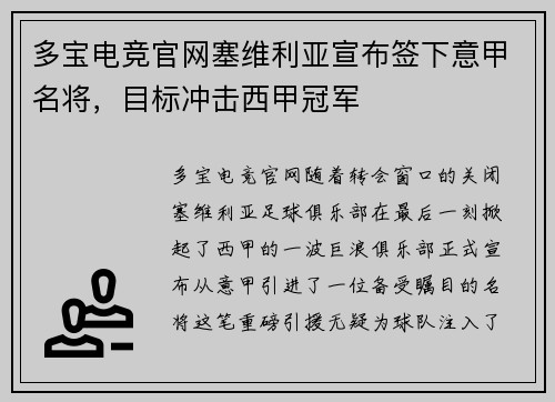 多宝电竞官网塞维利亚宣布签下意甲名将，目标冲击西甲冠军